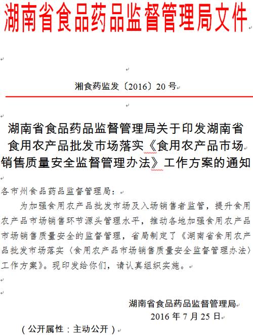 关于印发湖南省食用农产品批发市场落实《食用农产品市场销售质量安全